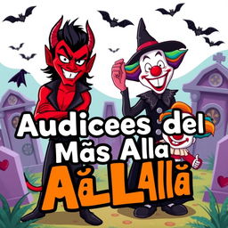 A comedic YouTube thumbnail for a skit called 'Audiciones del Más Allá' featuring a sexy devil character, a witch with a mischievous grin, and a playful clown inspired by 'It'