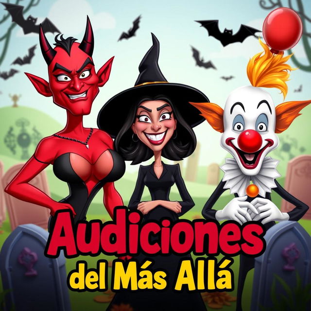 A comedic YouTube thumbnail for a skit called 'Audiciones del Más Allá' featuring a sexy devil character, a witch with a mischievous grin, and a playful clown inspired by 'It'