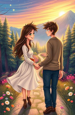 A heartwarming scene depicting two soulmates, a man and a woman, journeying together through a beautiful landscape, filled with vibrant colors and enchanting elements