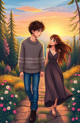 A heartwarming scene depicting two soulmates, a man and a woman, journeying together through a beautiful landscape, filled with vibrant colors and enchanting elements