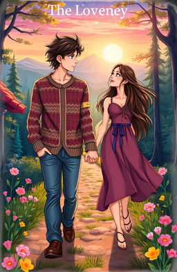 A heartwarming scene depicting two soulmates, a man and a woman, journeying together through a beautiful landscape, filled with vibrant colors and enchanting elements