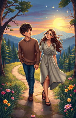 A heartwarming scene depicting two soulmates, a man and a woman, journeying together through a beautiful landscape, filled with vibrant colors and enchanting elements