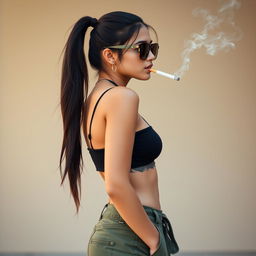 A beautiful 21-year-old Indian woman with very fair skin, a slim and sexy physique, and long hair styled in a sleek ponytail