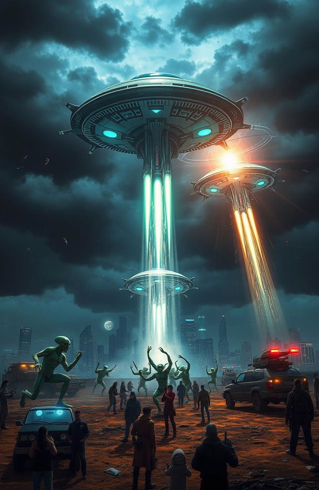 A dramatic scene depicting an alien invasion on Earth, showcasing towering alien spacecraft descending from the sky, beams of light illuminating the ground below