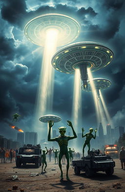 A dramatic scene depicting an alien invasion on Earth, showcasing towering alien spacecraft descending from the sky, beams of light illuminating the ground below