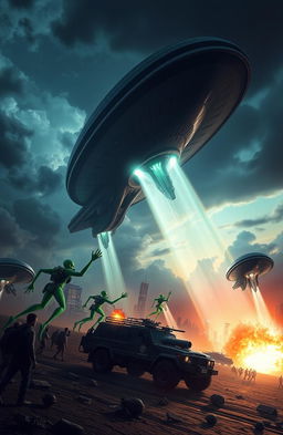 A dramatic scene depicting an alien invasion on Earth, showcasing towering alien spacecraft descending from the sky, beams of light illuminating the ground below