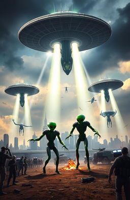A dramatic scene depicting an alien invasion on Earth, showcasing towering alien spacecraft descending from the sky, beams of light illuminating the ground below