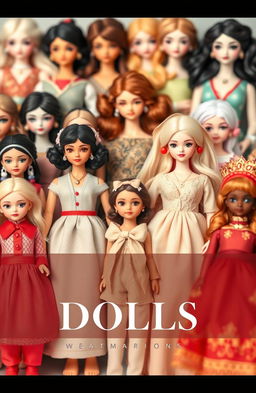 A visually striking cover page featuring a collection of beautifully designed dolls in the background, utilized creatively as watermarks