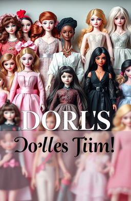 A visually striking cover page featuring a collection of beautifully designed dolls in the background, utilized creatively as watermarks