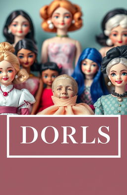 A visually striking cover page featuring a collection of beautifully designed dolls in the background, utilized creatively as watermarks
