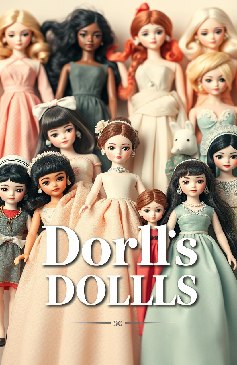 A visually striking cover page featuring a collection of beautifully designed dolls in the background, utilized creatively as watermarks