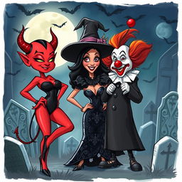 A realistic sketch concept for a comedic scene titled 'Audiciones del Más Allá' featuring a sexy little devil character, a witch, and a clown inspired by 'It'