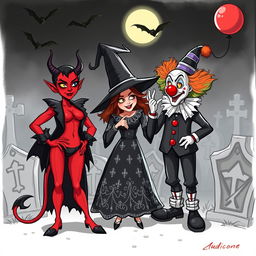 A realistic sketch concept for a comedic scene titled 'Audiciones del Más Allá' featuring a sexy little devil character, a witch, and a clown inspired by 'It'