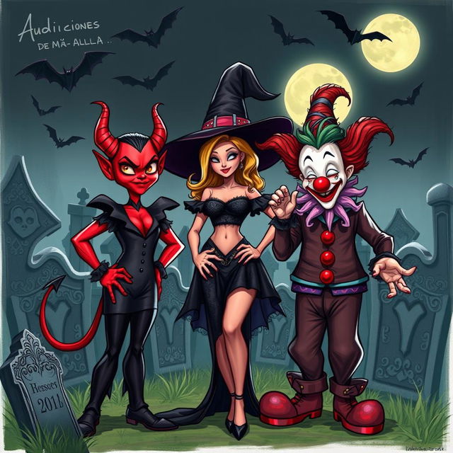 A realistic sketch concept for a comedic scene titled 'Audiciones del Más Allá' featuring a sexy little devil character, a witch, and a clown inspired by 'It'