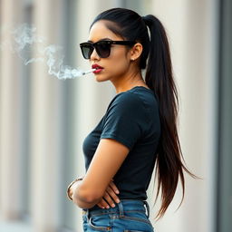 A beautiful 21-year-old Indian woman with very fair skin, a slim and sexy figure, and long hair styled in a sleek ponytail