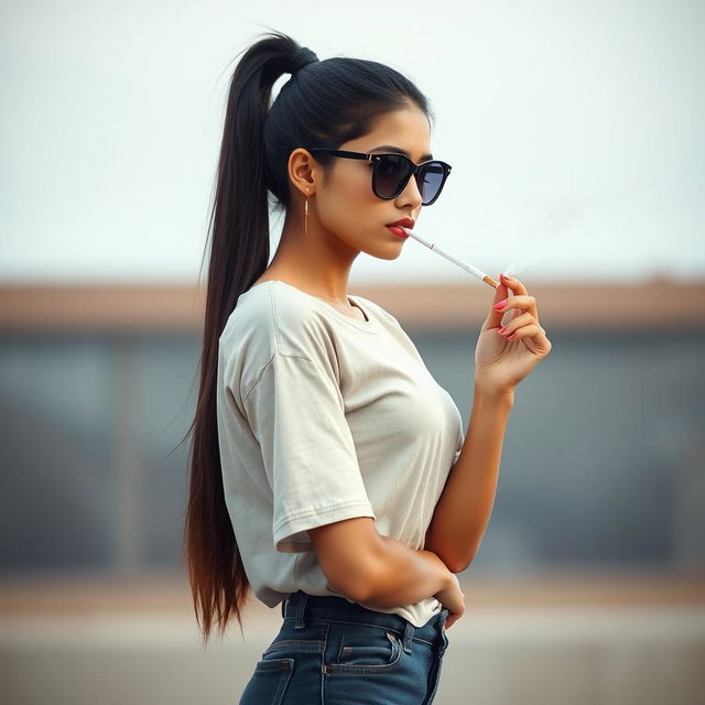 A beautiful 21-year-old Indian woman with very fair skin, a slim and sexy figure, and long hair styled in a sleek ponytail