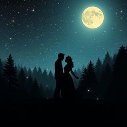 A beautiful silhouette of a couple standing hand in hand in a magical dreamland surrounded by a starry night sky filled with twinkling stars