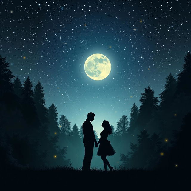 A beautiful silhouette of a couple standing hand in hand in a magical dreamland surrounded by a starry night sky filled with twinkling stars