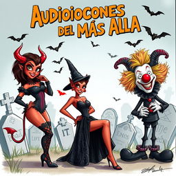 A realistic sketch concept for a comedic scene titled 'Audiciones del Más Allá' featuring a sexy little devil character, a playful witch, and a clown inspired by 'It'