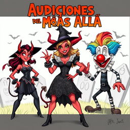 A realistic sketch concept for a comedic scene titled 'Audiciones del Más Allá' featuring a sexy little devil character, a playful witch, and a clown inspired by 'It'