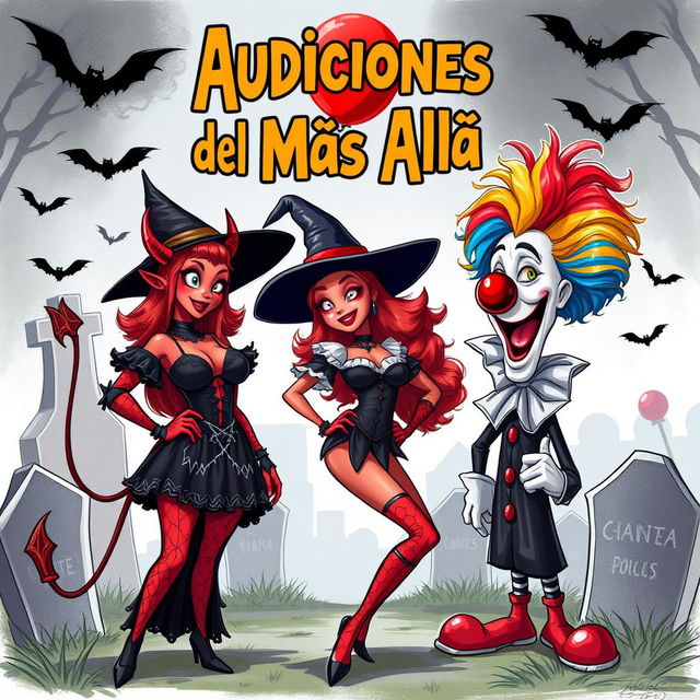 A realistic sketch concept for a comedic scene titled 'Audiciones del Más Allá' featuring a sexy little devil character, a playful witch, and a clown inspired by 'It'