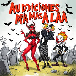 A realistic sketch concept for a comedic scene titled 'Audiciones del Más Allá' featuring a sexy little devil character, a playful witch, and a clown inspired by 'It'