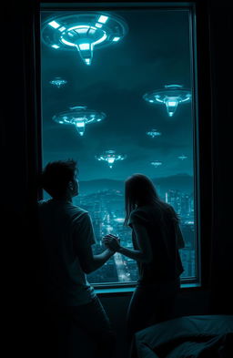 A thrilling scene of an alien invasion featuring a young man and woman hiding together in a dimly lit room