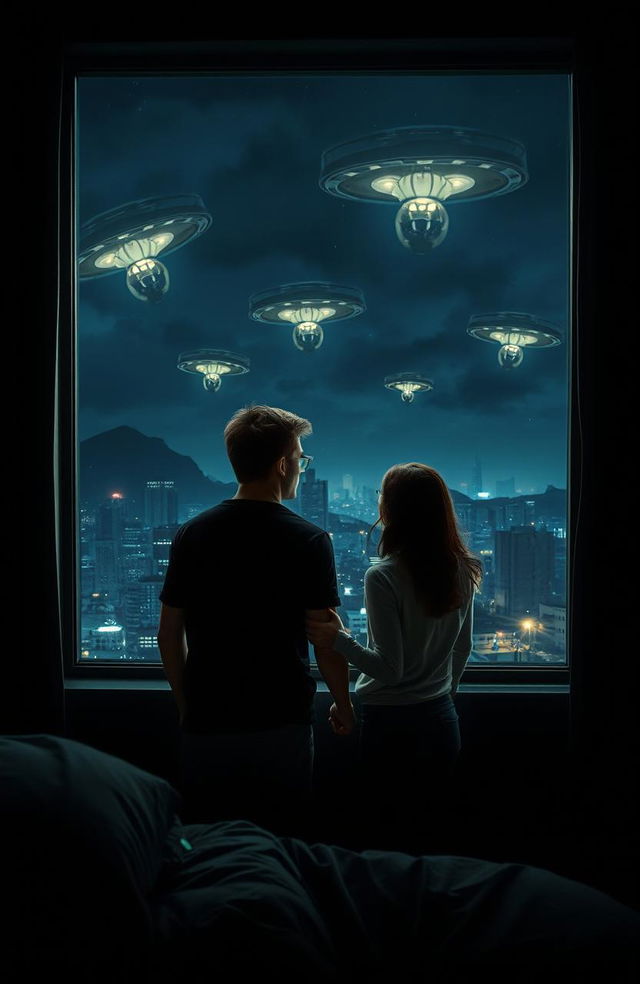 A thrilling scene of an alien invasion featuring a young man and woman hiding together in a dimly lit room