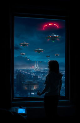 A thrilling scene of an alien invasion featuring a young man and woman hiding together in a dimly lit room