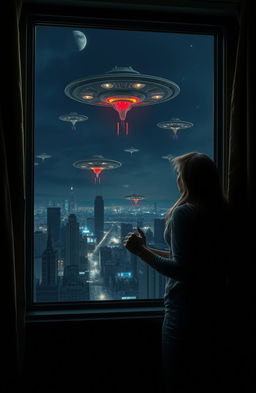 A thrilling scene of an alien invasion featuring a young man and woman hiding together in a dimly lit room