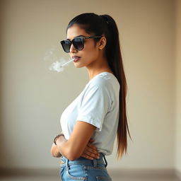A beautiful 21-year-old Indian woman with very fair skin, a slim and sexy figure, and long hair styled in a sleek ponytail
