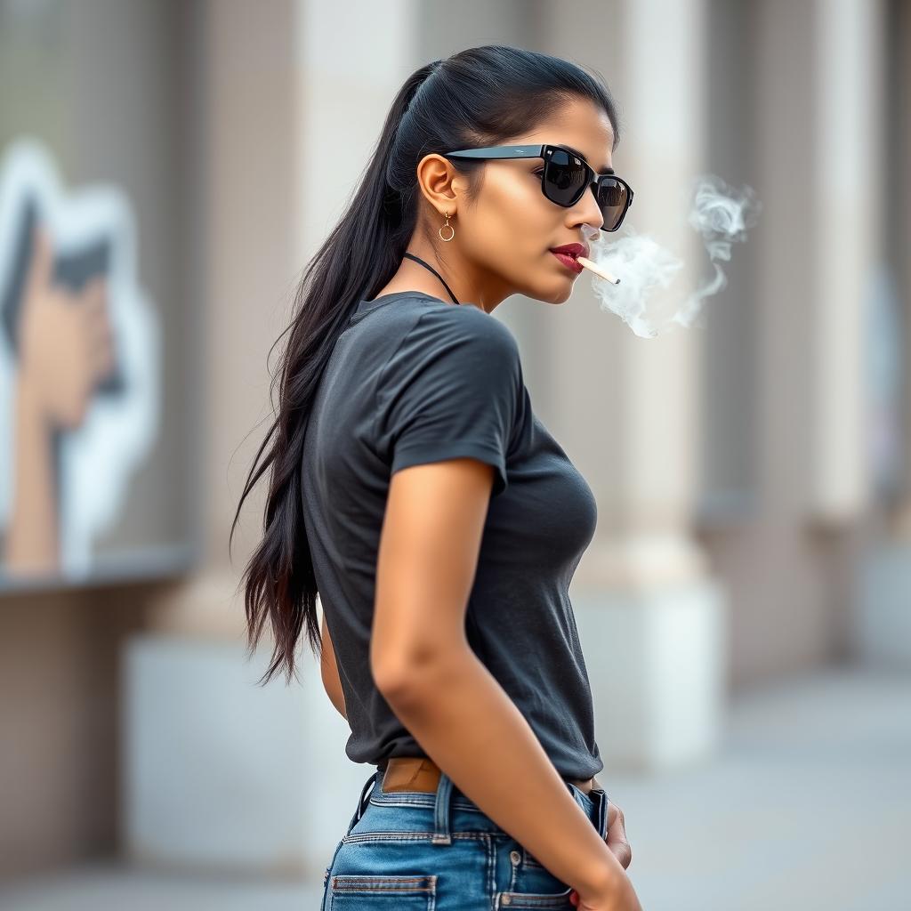 A beautiful 21-year-old Indian woman with very fair skin, a slim and sexy figure, and long hair styled in a sleek ponytail