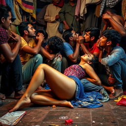 A vibrant scene set in a slum environment featuring a beautiful 18-year-old Pakistani girl with long legs, lying gracefully on the floor, confidently displaying her form while engaging in an intimate moment