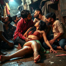 A vibrant scene set in a slum environment featuring a beautiful 18-year-old Pakistani girl with long legs, lying gracefully on the floor, confidently displaying her form while engaging in an intimate moment