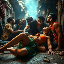 A vibrant scene set in a slum environment featuring a beautiful 18-year-old Pakistani girl with long legs, lying gracefully on the floor, confidently displaying her form while engaging in an intimate moment