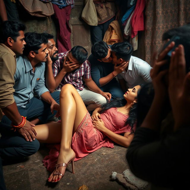 A vibrant scene set in a slum environment featuring a beautiful 18-year-old Pakistani girl with long legs, lying gracefully on the floor, confidently displaying her form while engaging in an intimate moment