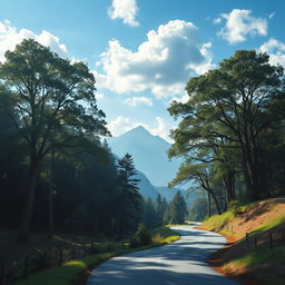 A serene and mystical landscape depicting a winding road leading through a lush forest, with tall trees arching overhead and dappled sunlight filtering through the leaves