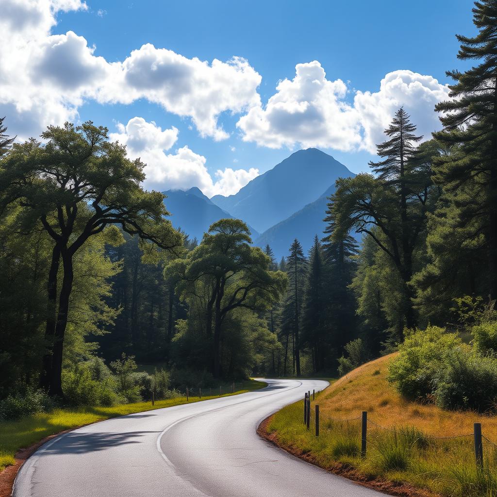 A serene and mystical landscape depicting a winding road leading through a lush forest, with tall trees arching overhead and dappled sunlight filtering through the leaves