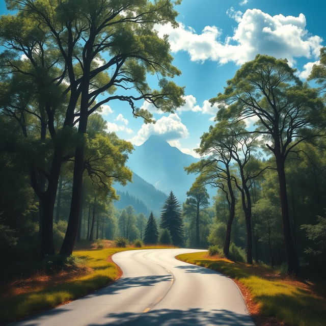 A serene and mystical landscape depicting a winding road leading through a lush forest, with tall trees arching overhead and dappled sunlight filtering through the leaves