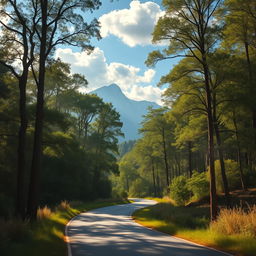 A serene and mystical landscape depicting a winding road leading through a lush forest, with tall trees arching overhead and dappled sunlight filtering through the leaves