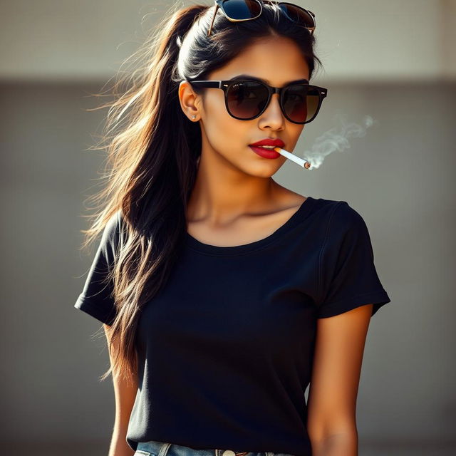 A beautiful 21-year-old Indian woman with very fair skin, showcasing a slim and sexy figure, and long hair styled in a ponytail