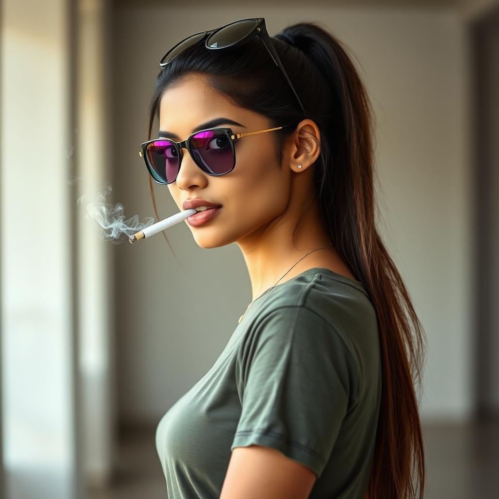 A beautiful 21-year-old Indian woman with very fair skin, showcasing a slim and sexy figure, and long hair styled in a ponytail