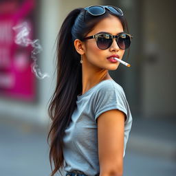 A beautiful 21-year-old Indian woman with very fair skin, showcasing a slim and sexy figure, and long hair styled in a ponytail