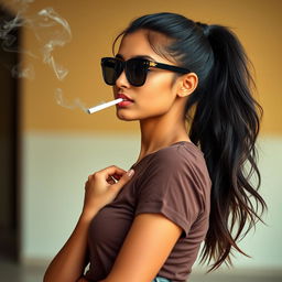 A beautiful 21-year-old Indian woman with very fair skin, showcasing a slim and sexy figure, and long hair styled in a ponytail