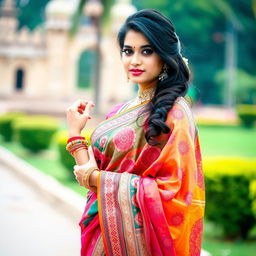 A beautiful Indian woman elegantly draped in a colorful saree, showcasing intricate patterns and vibrant hues
