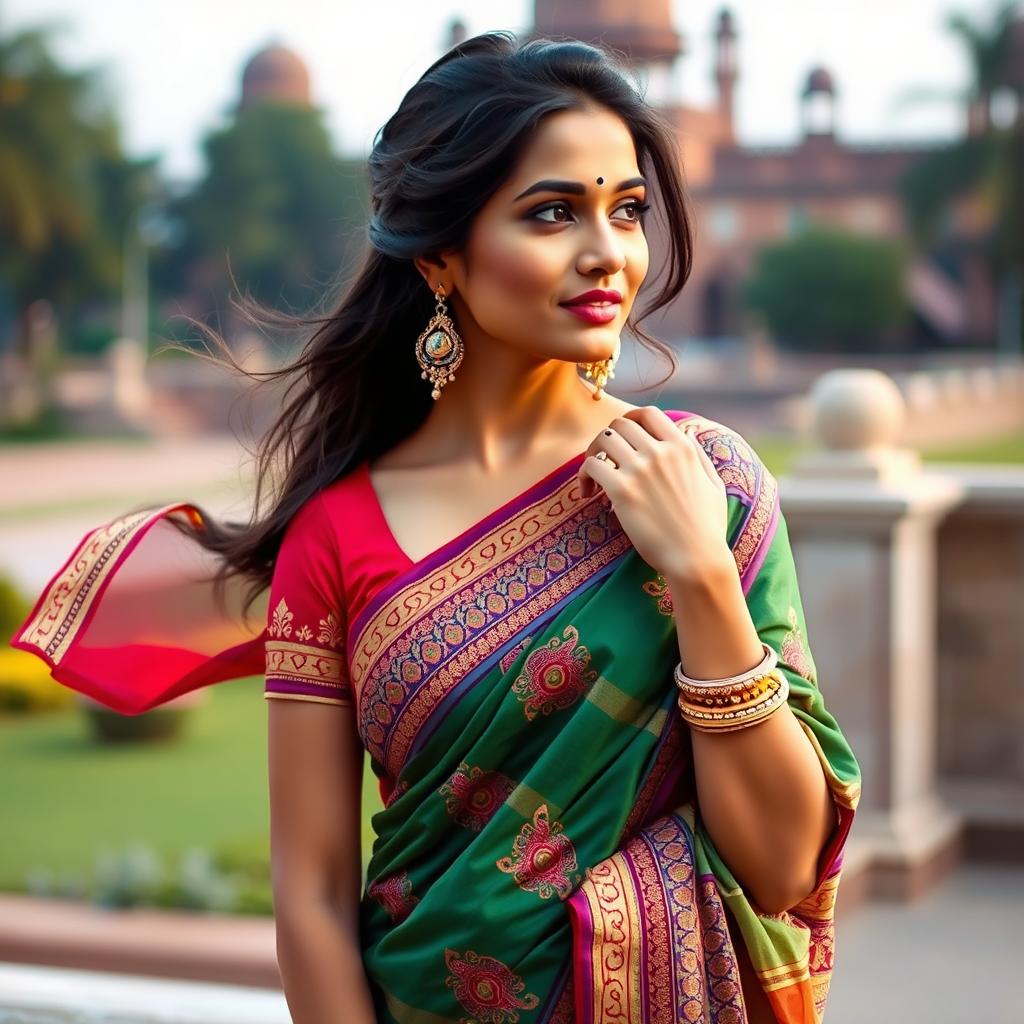 A beautiful Indian woman elegantly draped in a colorful saree, showcasing intricate patterns and vibrant hues