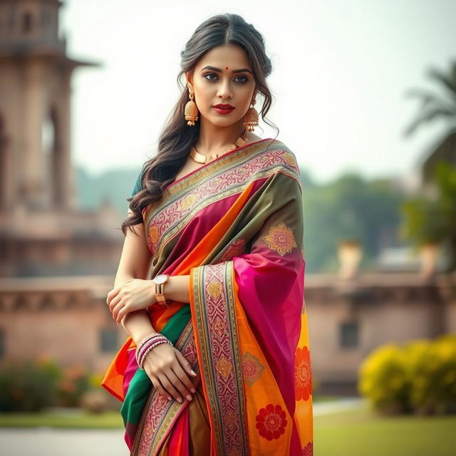 A beautiful Indian woman elegantly draped in a colorful saree, showcasing intricate patterns and vibrant hues