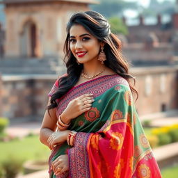 A beautiful Indian woman elegantly draped in a colorful saree, showcasing intricate patterns and vibrant hues