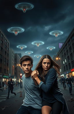 A dramatic scene of an alien invasion taking place in an urban setting