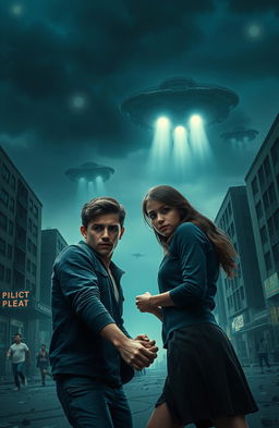 A dramatic scene of an alien invasion taking place in an urban setting